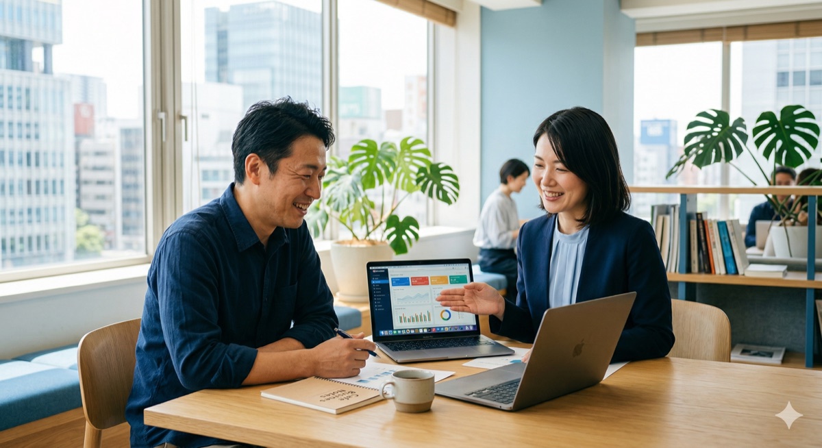 コンサルタントがクライアントにホームページを提案している様子